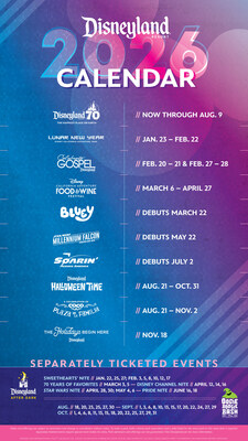 Disneyland Resort in Anaheim, Calif., releases its 2026 calendar of events and festivals, which includes the continuation of the historic Disneyland Resort 70th Celebration along with exciting new offerings, cherished seasonal celebrations and distinctly Disney opportunities for guests to create new memories with their friends and family at The Happiest Place on Earth. For more details, visit Disneyland.com/events. (Disneyland Resort) Disneyland Resort in Anaheim, Calif., releases its 2026 calendar of events and festivals, which includes the continuation of the historic Disneyland Resort 70th Celebration along with exciting new offerings, cherished seasonal celebrations and distinctly Disney opportunities for guests to create new memories with their friends and family at The Happiest Place on Earth. For more details, visit Disneyland.com/events. (Disneyland Resort)