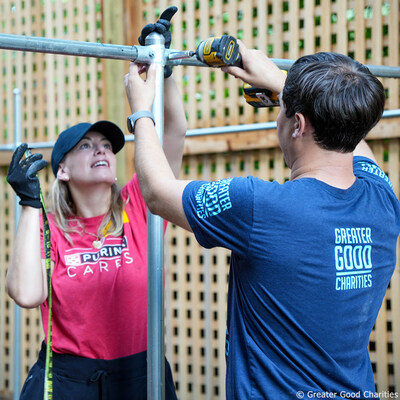 Purina and RedRover, in partnership with Greater Good Charities, brought team members to YWCA Greater Cincinnati – a 2025 Purple Leash Project grant recipient – to help convert an existing building into six pet-friendly rooms and outfit them with specialized pet equipment, as well as construct two pet-relief yards installed with tire tunnels for dogs to play and exercise off-leash.