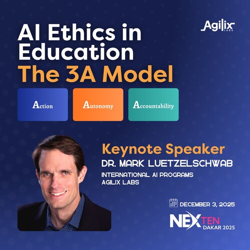 At NEXTEN Dakar, Dr. Mark Luetzelschwab will present the 3A Model—Action, Autonomy, Accountability—a clear, ministry-ready approach for evaluating AI systems in education. This framework helps nations implement AI responsibly while expanding access to high-quality, online and offline learning. At NEXTEN Dakar, Dr. Mark Luetzelschwab will present the 3A Model—Action, Autonomy, Accountability—a clear, ministry-ready approach for evaluating AI systems in education. This framework helps nations implement AI responsibly while expanding access to high-quality, online and offline learning.