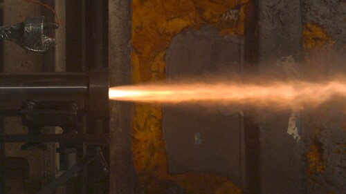 A static test fire of an additively manufactured pressure vessel for a solid rocket motor. (Photo Credit: Northrop Grumman)
