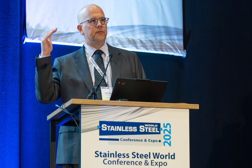 QuesTek Innovations EVP Jason Sebastian, PhD, delivers a keynote on materials advancements in the space industry at the Stainless Steel World Conference & Expo in Maastricht, The Netherlands. © Stainless Steel World QuesTek Innovations EVP Jason Sebastian, PhD, delivers a keynote on materials advancements in the space industry at the Stainless Steel World Conference & Expo in Maastricht, The Netherlands. © Stainless Steel World