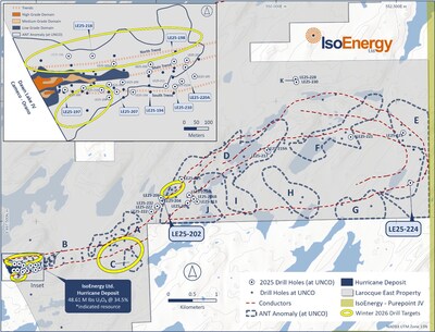 Figure 1 – Map of the Larocque Trend on the Larocque East project showing the Hurricane deposit, drill hole unconformity intercept locations, electromagnetic conductor traces, ANT seismic velocity anomalies, and winter 2026 drill target areas. Geochemical and radiometric results for mineralized intervals in the nine highlighted drill holes are provided in Table 1. * See Qualified Person Statement below. (CNW Group/IsoEnergy Ltd.) Figure 1 – Map of the Larocque Trend on the Larocque East project showing the Hurricane deposit, drill hole unconformity intercept locations, electromagnetic conductor traces, ANT seismic velocity anomalies, and winter 2026 drill target areas. Geochemical and radiometric results for mineralized intervals in the nine highlighted drill holes are provided in Table 1. * See Qualified Person Statement below. (CNW Group/IsoEnergy Ltd.)