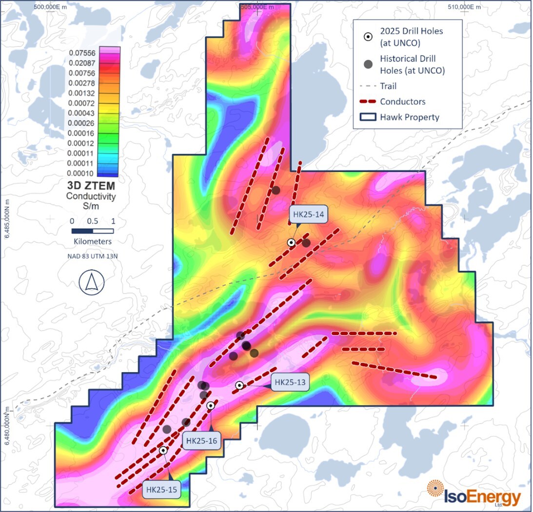 Figure 2 – Compilation map of Hawk project showing labeled 2025 drill hole locations, unlabeled previous drill hole locations (both at the unconformity), and interpreted ground electromagnetic survey conductors, on a plan view of the 20xx ZTEM conductivity model 50 metres below the unconformity. (CNW Group/IsoEnergy Ltd.)