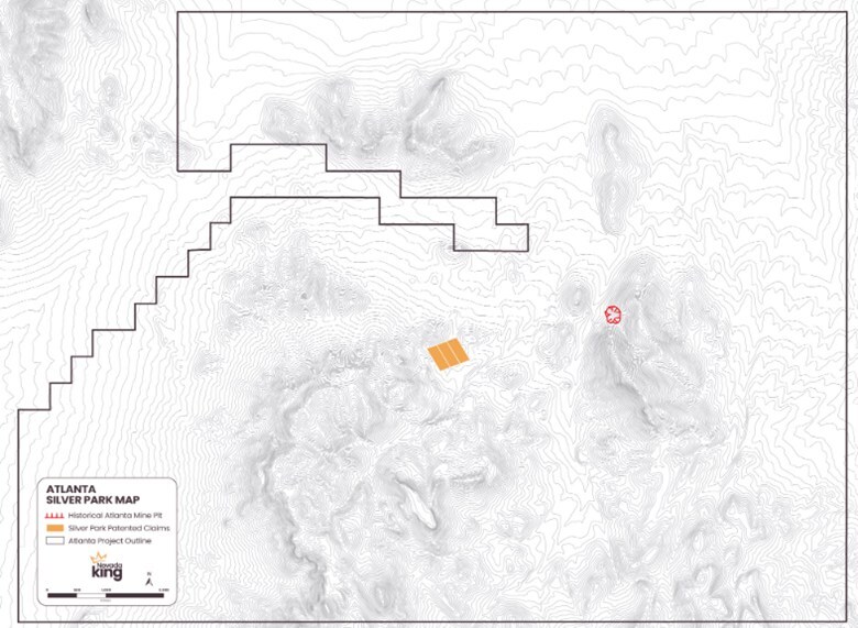 Figure 1. Location of the Silver Park patented claims in relation to the Atlanta Gold Mine Project property boundary, and the historical Atlanta Mine pit. (CNW Group/Nevada King Gold Corp.) Figure 1. Location of the Silver Park patented claims in relation to the Atlanta Gold Mine Project property boundary, and the historical Atlanta Mine pit. (CNW Group/Nevada King Gold Corp.)