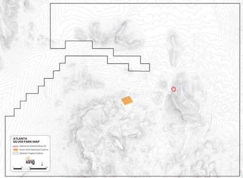 Figure 1. Location of the Silver Park patented claims in relation to the Atlanta Gold Mine Project property boundary, and the historical Atlanta Mine pit. (CNW Group/Nevada King Gold Corp.) Figure 1. Location of the Silver Park patented claims in relation to the Atlanta Gold Mine Project property boundary, and the historical Atlanta Mine pit. (CNW Group/Nevada King Gold Corp.)