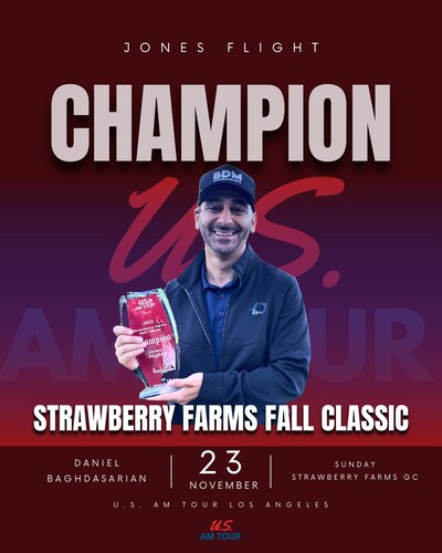 Daniel Baghdasarian celebrates his first US AM Tour victory in the Jones Flight, marking an early milestone in his modern 10,000-hour Dan Plan journey.