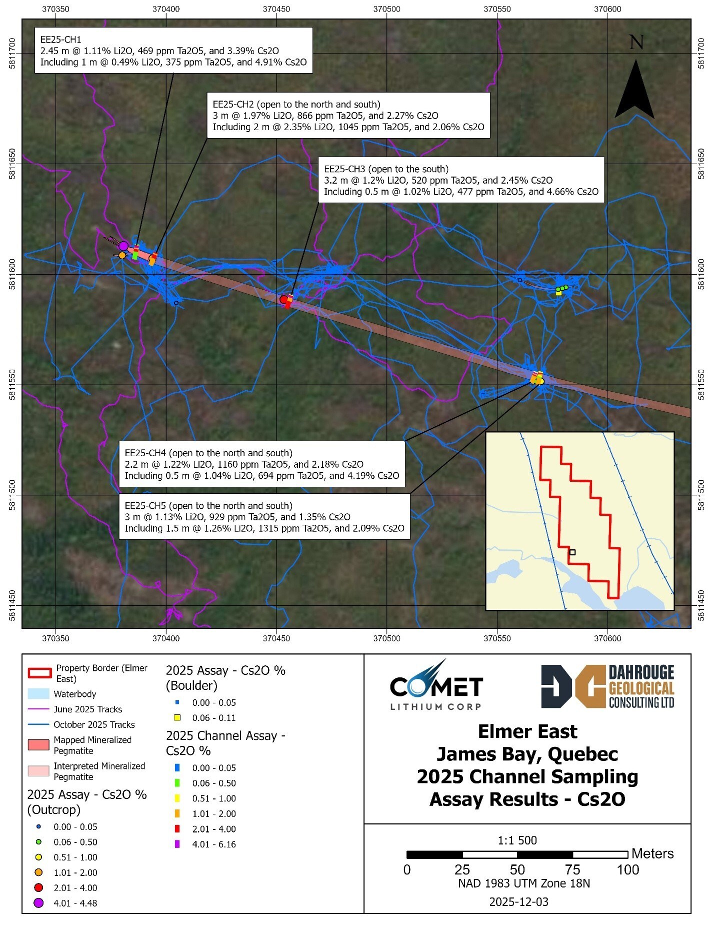 Figure 1 : Elmer East – Map of Channels and Mapped and Interpreted Mineralization (CNW Group/Comet Lithium Corporation)