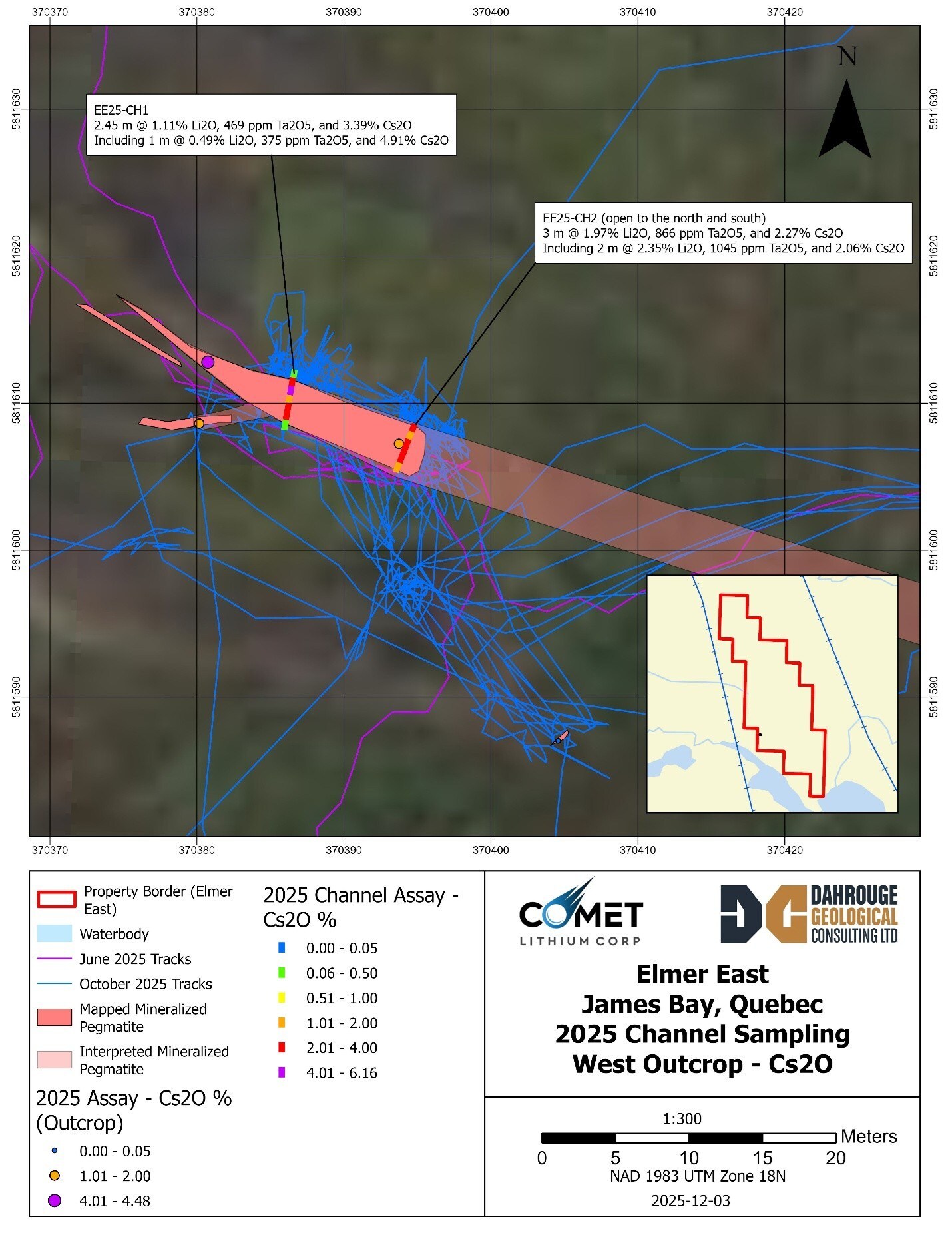 Figure 2 : Elmer East – West Outcrop Channels Closeup (CNW Group/Comet Lithium Corporation)