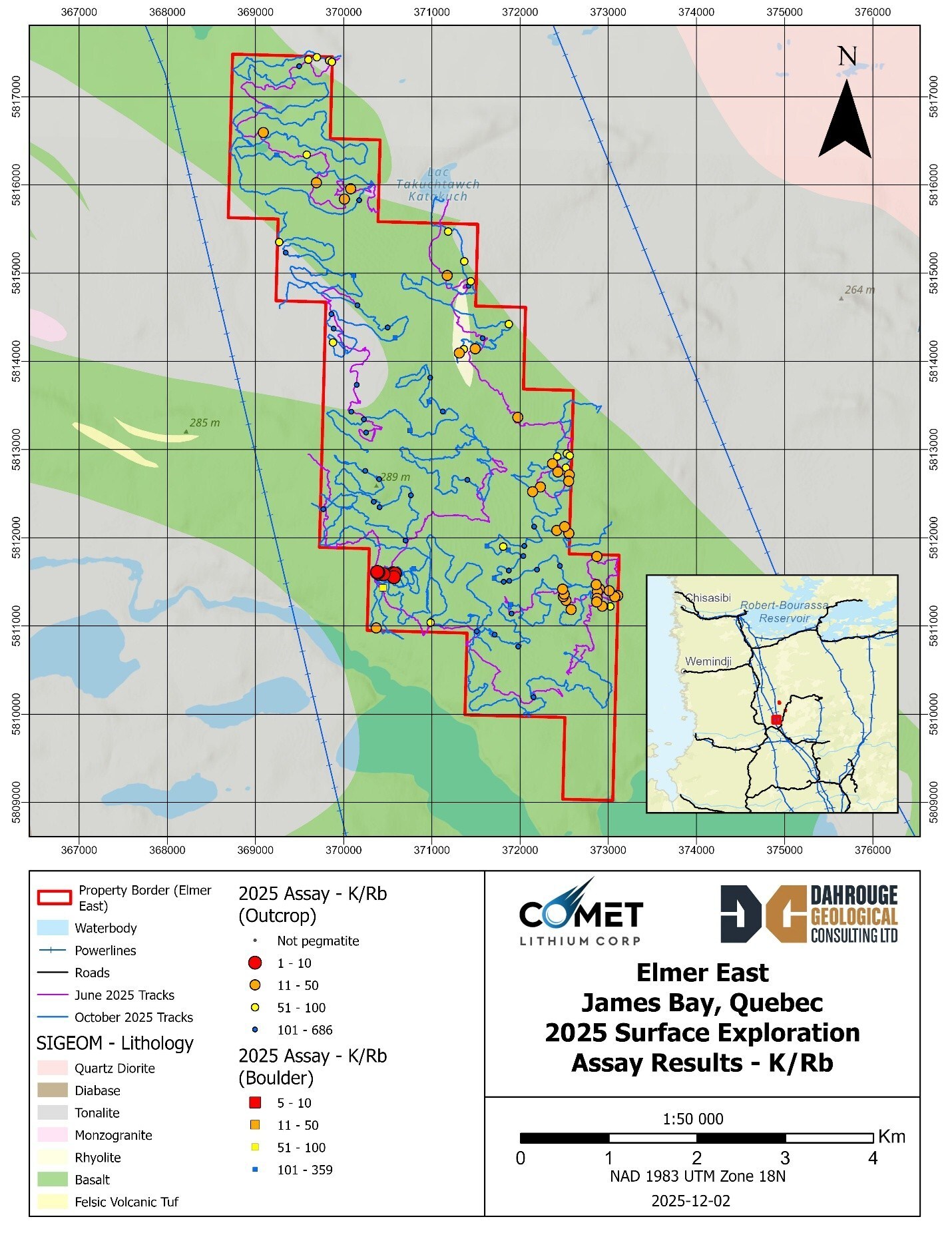 Figure 3 : Elmer East – Map of Potassium / Rubidium Ratios (CNW Group/Comet Lithium Corporation)