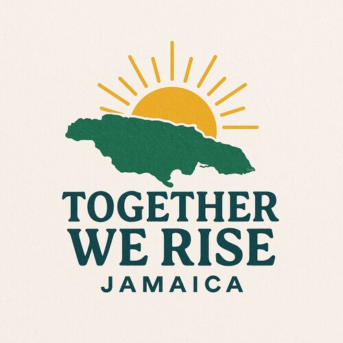 Logo showing a gold sun rising over a green outline of Jamaica with bold black text reading ‘Together We Rise Jamaica.’ The design reflects Jamaica’s national colors of black, green, and gold.
