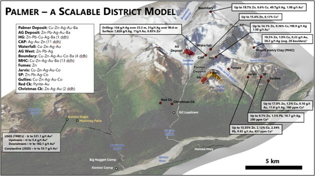 Figure 2. Southwest looking view of the Palmer Project showing the distribution of under-explored high-grade exploration targets. See references below for sources of data. (CNW Group/Vizsla Copper Corp.) Figure 2. Southwest looking view of the Palmer Project showing the distribution of under-explored high-grade exploration targets. See references below for sources of data. (CNW Group/Vizsla Copper Corp.)