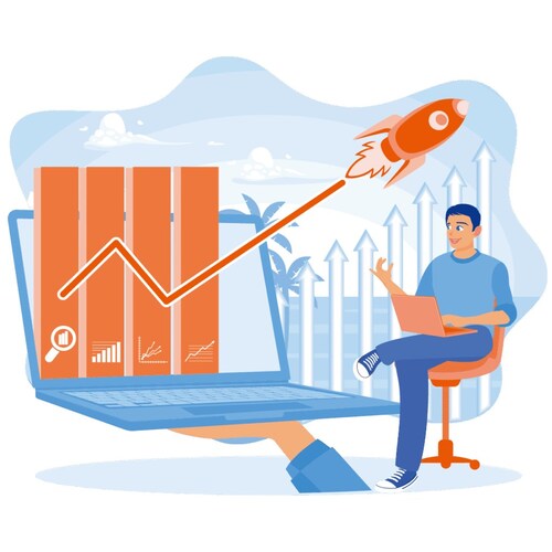 A stylized illustration of a professional working on a laptop next to a rocket blasting off from a screen displaying upward-trending growth charts, symbolizing the speed and efficiency of Quick Launch