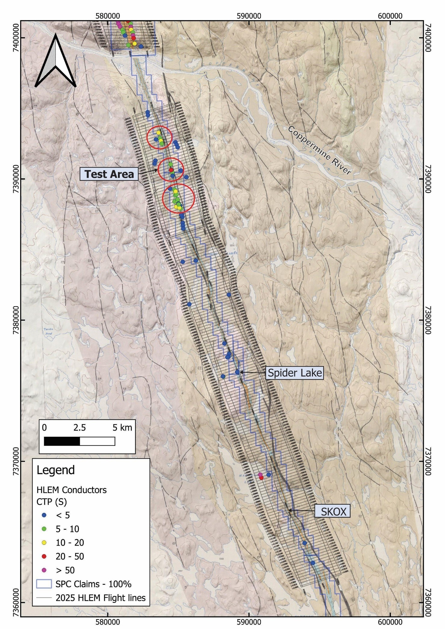 Figure 3: Geological map of the Feeder Dyke displaying the flightlines of the 2025 HELITEM survey and the EM conductors color coded based on conductor grade as well as the Test Area (Figure 5). (CNW Group/SPC Nickel Corp.) Figure 3: Geological map of the Feeder Dyke displaying the flightlines of the 2025 HELITEM survey and the EM conductors color coded based on conductor grade as well as the Test Area (Figure 5). (CNW Group/SPC Nickel Corp.)