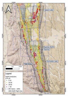 Figure 2: Geological map of the main Muskox Intrusion displaying the flightlines of the 2025 HELITEM survey and the filtered EM conductors color coded based on conductor grade as well as the Test Area (Figure 4). (CNW Group/SPC Nickel Corp.) Figure 2: Geological map of the main Muskox Intrusion displaying the flightlines of the 2025 HELITEM survey and the filtered EM conductors color coded based on conductor grade as well as the Test Area (Figure 4). (CNW Group/SPC Nickel Corp.)