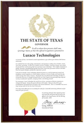 Official Proclamation from Texas Governor Greg Abbott acknowledging Luraco's 20 years of positive contribution to the health and wellness of American citizens. Official Proclamation from Texas Governor Greg Abbott acknowledging Luraco's 20 years of positive contribution to the health and wellness of American citizens.