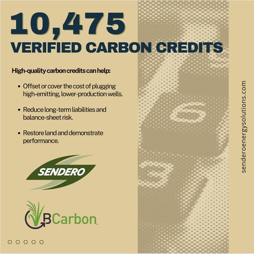Sendero Energy Solutions and BCarbon today announced the issuance of 10,475 carbon credits under BCarbon’s Methane Emissions Elimination through Well Plugging (MEEWP) protocol.