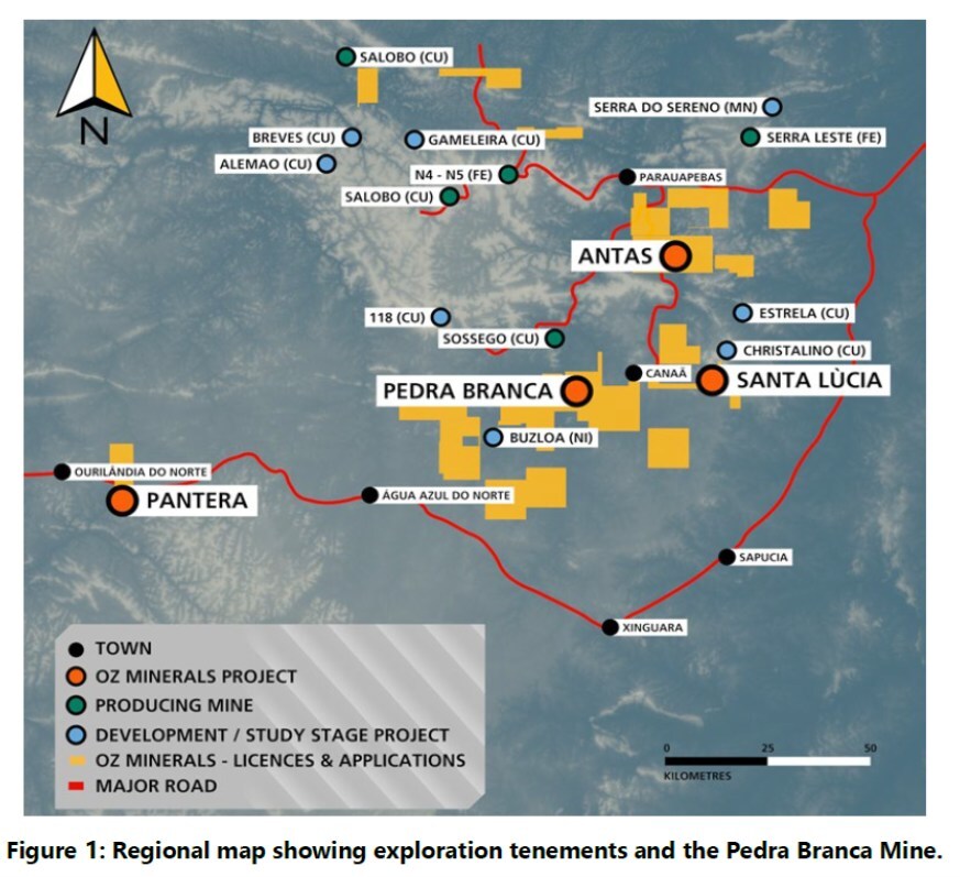 Figure 1: Regional map showing exploration tenements and the Pedra Branca Mine. Source: Pedra Branca Mineral Resource and Ore Reserve Statement and Explanatory Notes as at 30 June 2022, published by OZ Minerals. (CNW Group/Gold Royalty Corp.)
