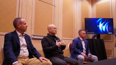 Scott Weber, U.S. CTO, Doug Yeum, CEO of MegazoneCloud, and Jon Providence, U.S. CRO, answer reporters’ questions during a media briefing in Las Vegas, Nevada.