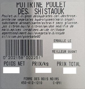 Présence non déclarée de sésame dans de la poitrine de poulet shish taouk préparée et vendue par l'entreprise Ferme des Bois Noirs
