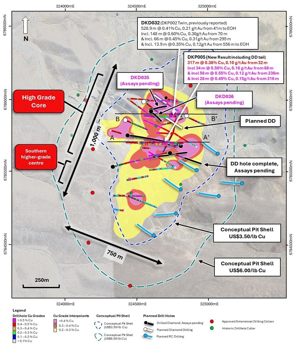 Hot Chili: perforación confirma testigo grande y de mayor calidad en la superficie cercana a La Verde Figura 3. Mapa en planta del sistema de pórfido La Verde que muestra la perforación planificada comparada con interpolantes de mineralización actualizados de +0,2% cobre (amarillo), +0,3% cobre (rojo), +0,4% cobre (magenta). Conchas conceptuales abiertas1 mostradas para $US 3,50/lb Cu (azul) y $US 6,00/lb Cu (verde) mostradas como líneas discontinuas. (Grupo CNW/Hot Chili Limited)