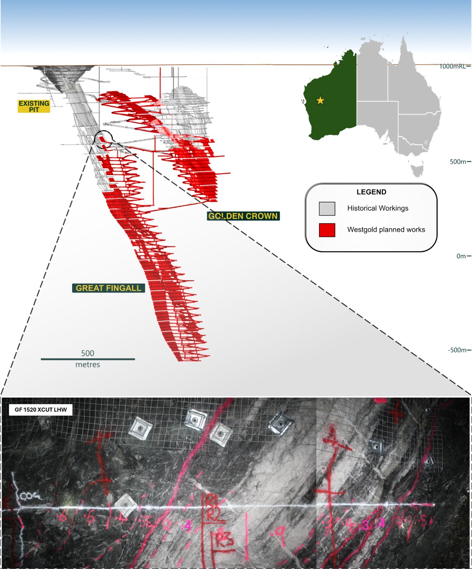 Figure 1: Initial stoping location highlighting the crosscut into the Great Fingall Reef (CNW Group/Westgold Resources Limited) Figure 1: Initial stoping location highlighting the crosscut into the Great Fingall Reef (CNW Group/Westgold Resources Limited)