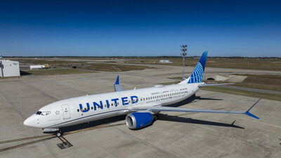 The 2025 Boeing ecoDemonstrator Explorer, a United Airlines 737-8, sits outside a United hangar in Houston before
 its first flight to test Internet Protocol Suite