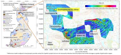 Figure 1. Location of the Central Lapland Greenstone Belt in northern Finland (LHS), together with the approximate locations of Capella’s five exploration licences (Killerö E, Killerö W, Jolhikko, Seisunselka, and Saattopora W) overlain on Capella’s high-resolution magnetic dataset (RHS). (CNW Group/Capella Minerals Limited) Figure 1. Location of the Central Lapland Greenstone Belt in northern Finland (LHS), together with the approximate locations of Capella’s five exploration licences (Killerö E, Killerö W, Jolhikko, Seisunselka, and Saattopora W) overlain on Capella’s high-resolution magnetic dataset (RHS). (CNW Group/Capella Minerals Limited)