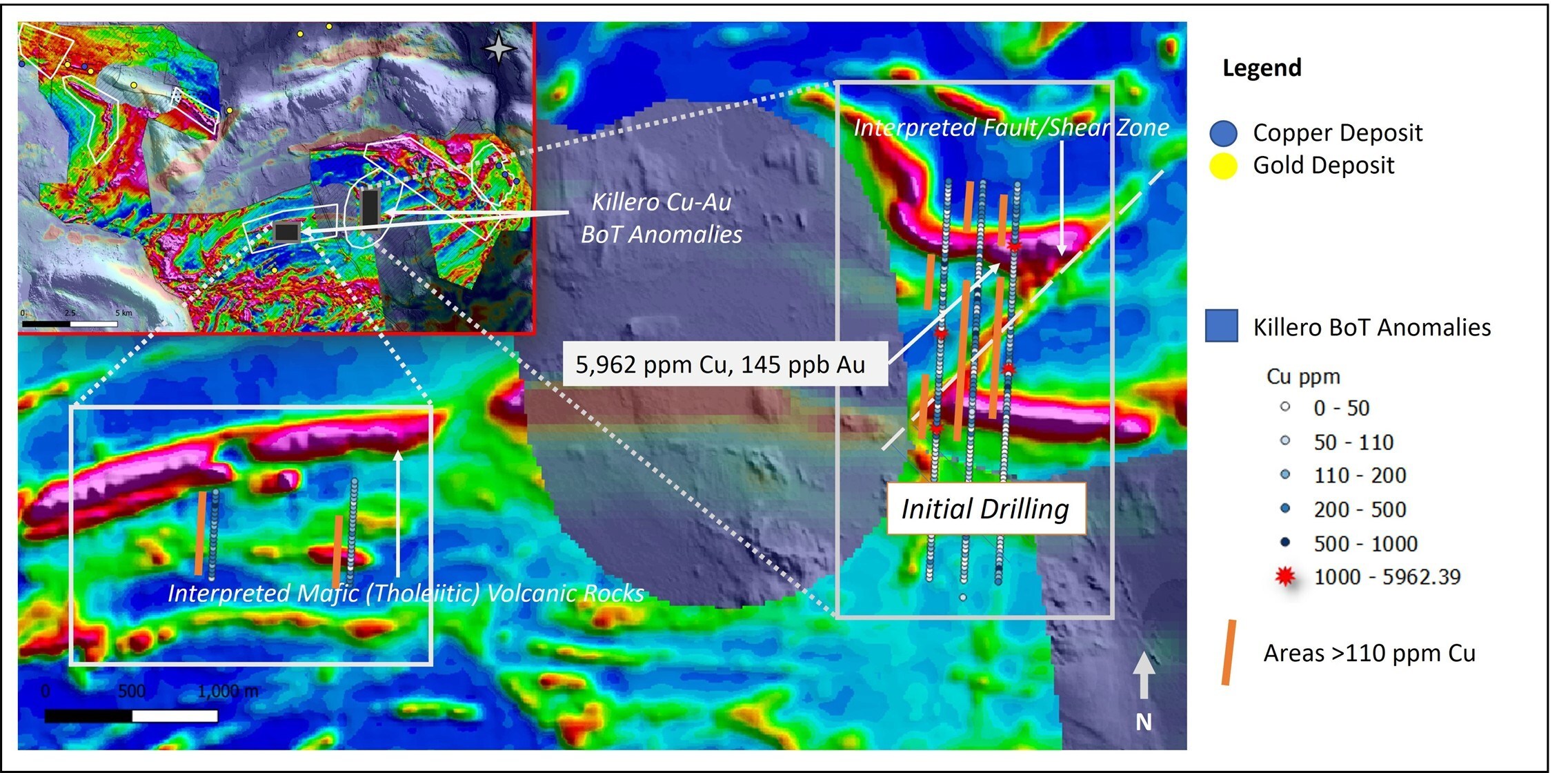 Figure 2. Combined gold-copper BoT anomaly and NE-trending structural corridor at the Killerö E target. Initial drilling will focus on the approximately 1km strike extent of the core BoT anomaly. (CNW Group/Capella Minerals Limited) Figure 2. Combined gold-copper BoT anomaly and NE-trending structural corridor at the Killerö E target. Initial drilling will focus on the approximately 1km strike extent of the core BoT anomaly. (CNW Group/Capella Minerals Limited)