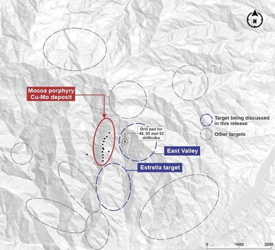 Figure 1. Plan view of the exploration targets and the Mocoa porphyry Cu-Mo deposit.*Black dotes denotes drill pads. (CNW Group/COPPER GIANT RESOURCES CORP.) Figure 1. Plan view of the exploration targets and the Mocoa porphyry Cu-Mo deposit.*Black dotes denotes drill pads. (CNW Group/COPPER GIANT RESOURCES CORP.)