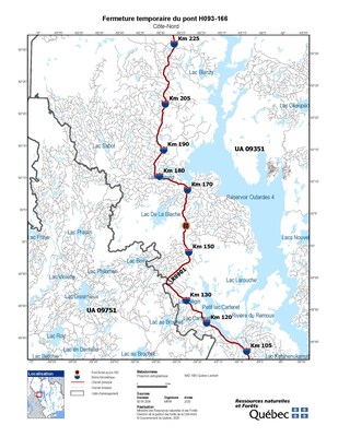 Fermeture temporaire du pont H093-166, rivière du Remous, MRC de Manicouagan (Groupe CNW/Ministère des Ressources naturelles et des Forêts)