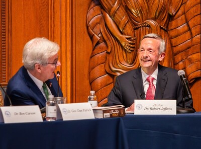Lt. Gov. Dan Patrick and Dr. Robert Jeffress discuss First Baptist Dallas' religious freedom case as part of the Religious Freedom Commission hearing held in Dallas Dec. 10. Photo provided courtesy of First Baptist Dallas.