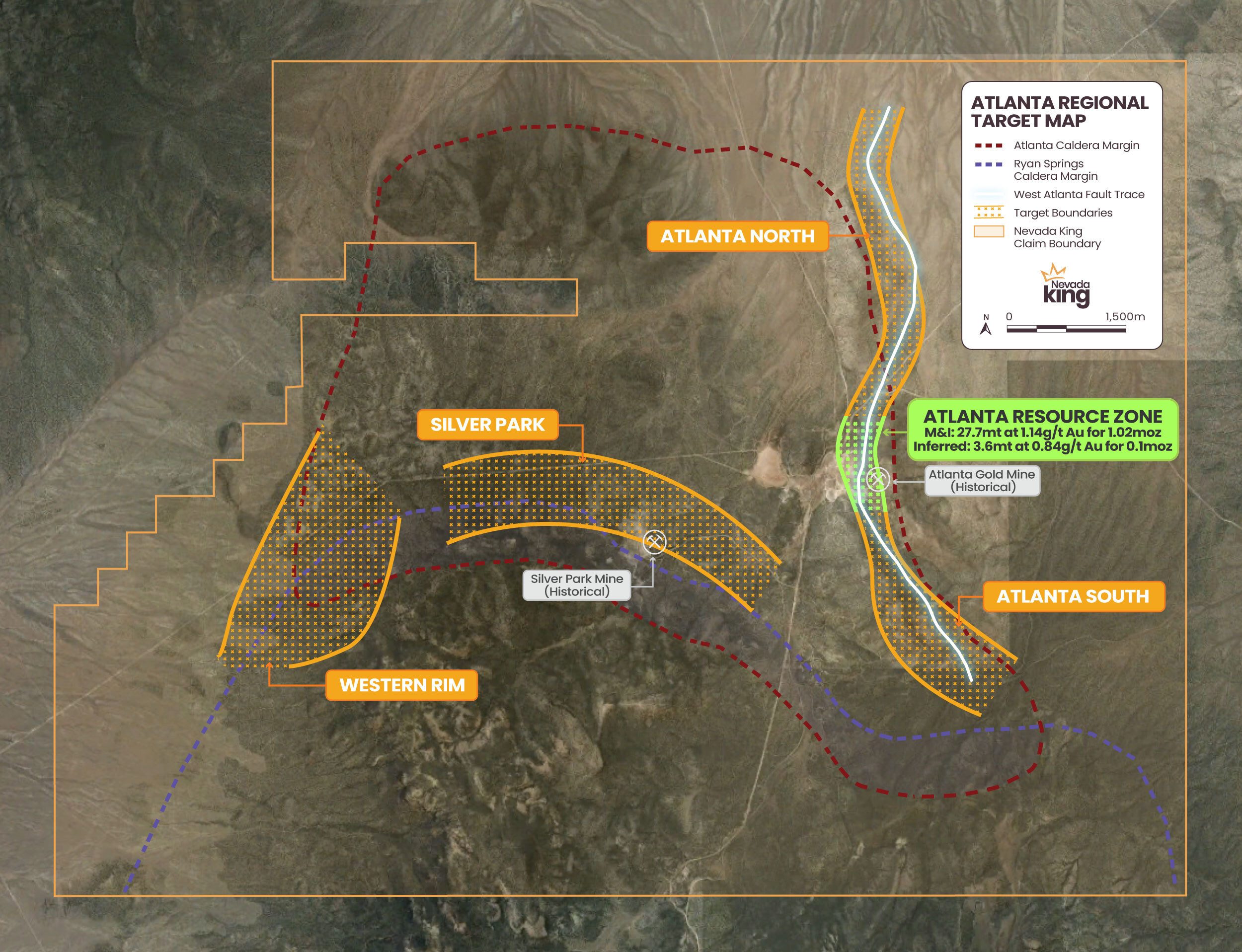 Figure 1. Plan view of the Atlanta Gold Mine Project property and the priority exploration targets for the Phase 4 program. (CNW Group/Nevada King Gold Corp.) Figure 1. Plan view of the Atlanta Gold Mine Project property and the priority exploration targets for the Phase 4 program. (CNW Group/Nevada King Gold Corp.)