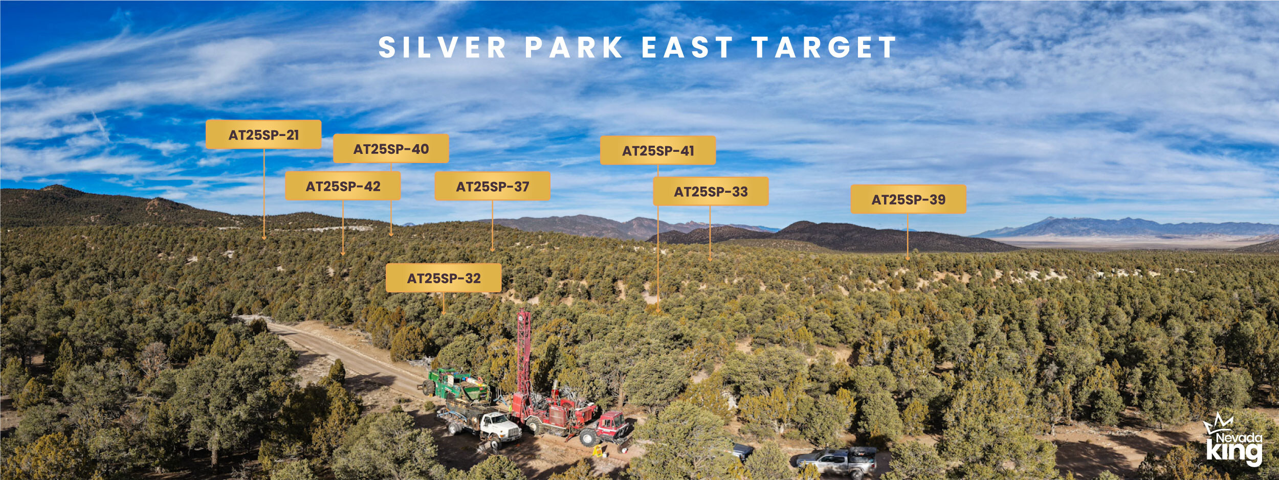 Figure 2. Looking northwest across the Silver Park East target at the drill rig and locations of previously released drill hole collars. (CNW Group/Nevada King Gold Corp.) Figure 2. Looking northwest across the Silver Park East target at the drill rig and locations of previously released drill hole collars. (CNW Group/Nevada King Gold Corp.)