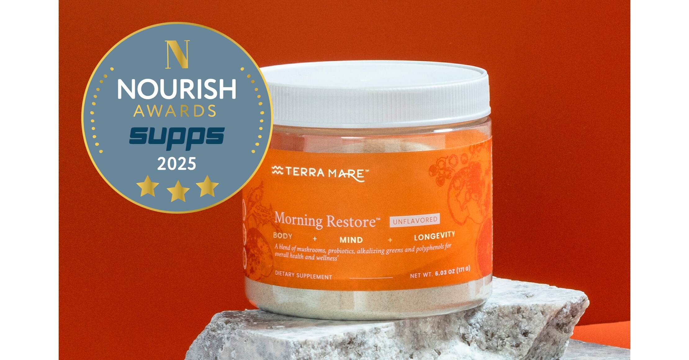 "A nutrient-packed, organic wellness blend brimming with prebiotics, probiotics, and functional botanicals." Marisa Tomei's Terra Mare Morning Restore Wins Best Women's Health Supplement Award