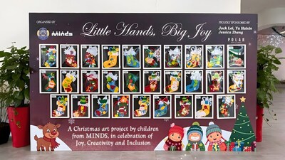 A festive display of 29 handmade Christmas socks by MINDS Raintree SSCC students at Fernvale CC