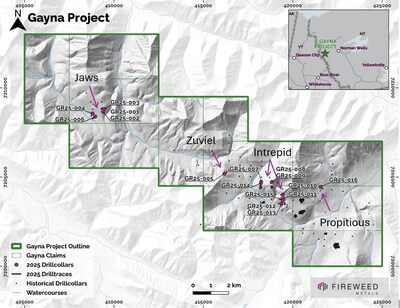 Figure 1: Gayna Claims and Location with 2025 Target Areas and drillholes. (CNW Group/Fireweed Metals Corp.)