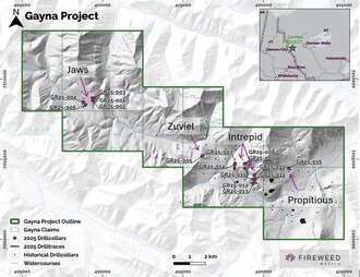 Figure 1: Gayna Claims and Location with 2025 Target Areas and drillholes. (CNW Group/Fireweed Metals Corp.)