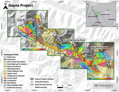 Figure 2: Bouguer first-order trend removed ground gravity results from 2022, 2023 and 2025 with 2025 drill holes. (CNW Group/Fireweed Metals Corp.)