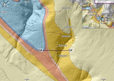 Figure 4: Intrepid target plan view with GA to GA’ cross section. 2025 drillholes and traces in purple, historical drillholes in white. (CNW Group/Fireweed Metals Corp.)