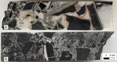 Figure 6: (A) Grey and orange sphalerite (sph) mineralization rimming clasts in a carbonate breccia from 42.81-43.00 m in GR25-013. (B) Grey sphalerite partially replacing the matrix of a sedimentary breccia from 117.24-117.42 m in GR25-013. (CNW Group/Fireweed Metals Corp.)