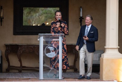Pebble Beach Concours Chairman Sandra Button presents longtime entrant and donor, Tom Peck, with a gold pin to recognize his generous efforts to help the Concours reach a record amount of charity donations. (Photo: Sherman Chu/Pebble Beach Concours d'Elegance) Pebble Beach Concours Chairman Sandra Button presents longtime entrant and donor, Tom Peck, with a gold pin to recognize his generous efforts to help the Concours reach a record amount of charity donations. (Photo: Sherman Chu/Pebble Beach Concours d'Elegance)