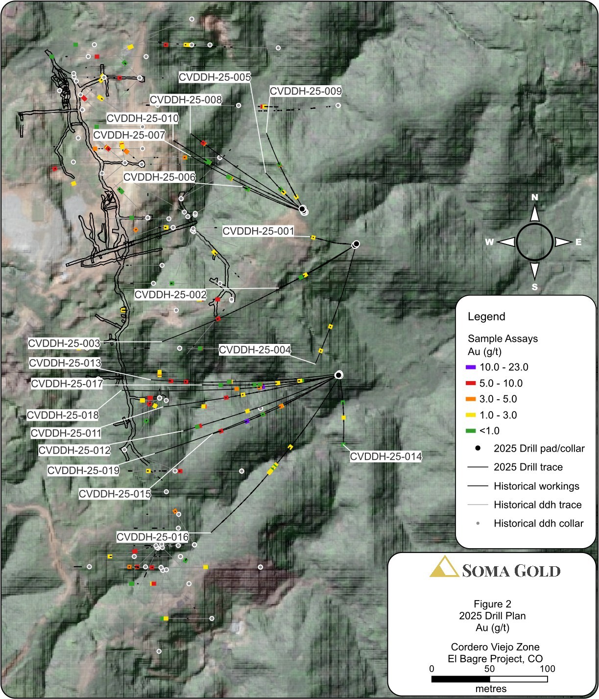 Figura 2: Mapa en planta de los pozos diamantados de 2025 en la Zona Cordero Viejo (CNW Group/Soma Gold Corp.)