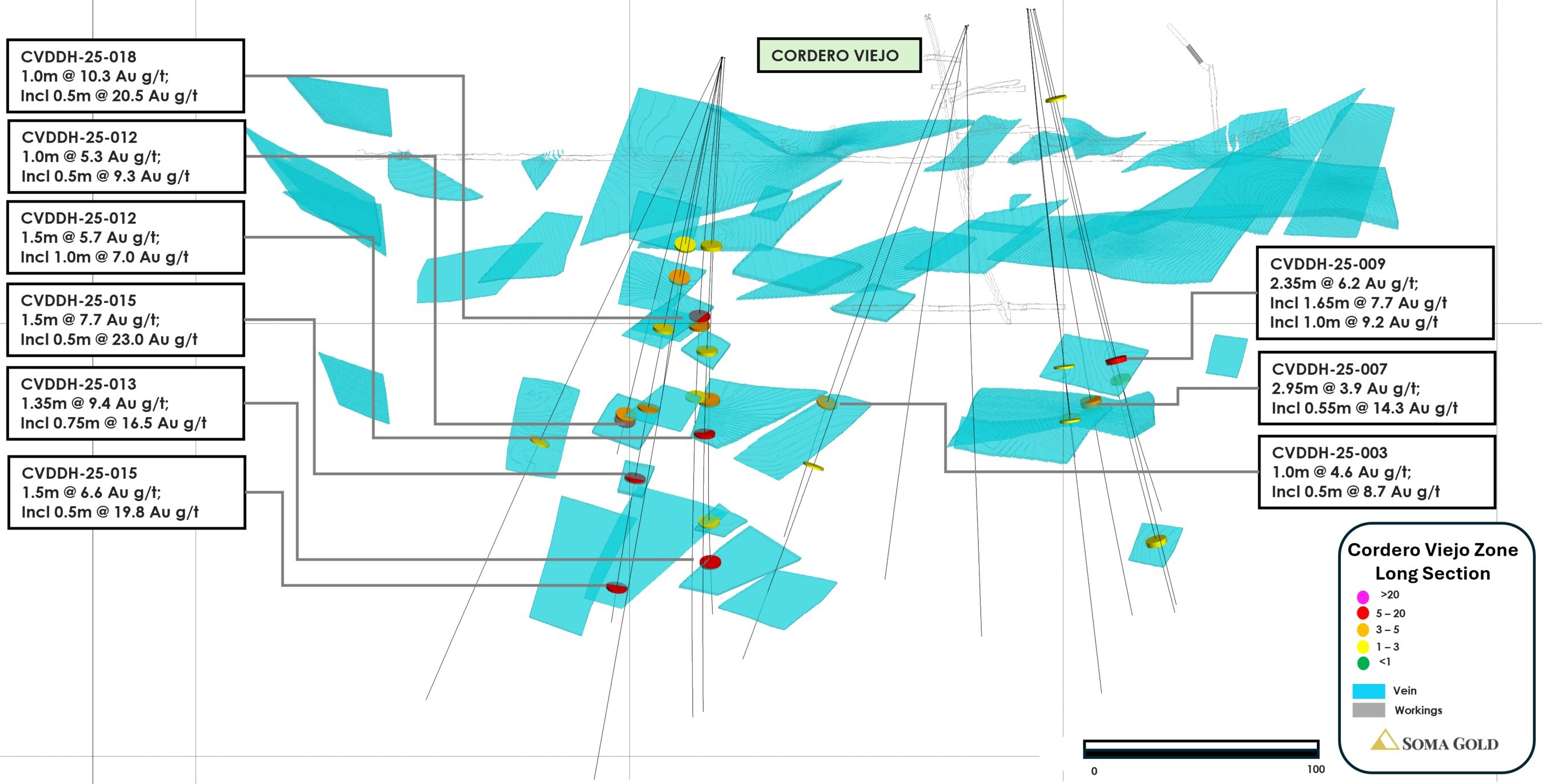 Figura 3: Sección larga de la Zona Cordero Viejo y resultados de perforación (CNW Group/Soma Gold Corp.)