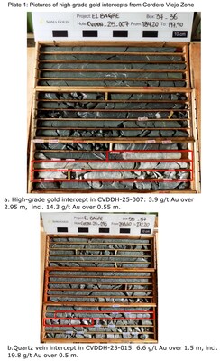 Plate 1: Pictures of high-grade gold intercepts from the Cordero Viejo Zone (CNW Group/Soma Gold Corp.)