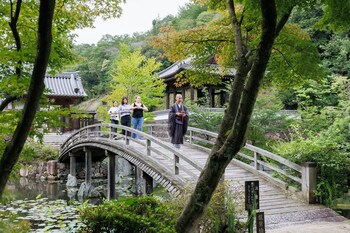 Walking meditation in a tranquil Zen temple