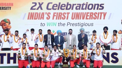 Khelo India University Games 2025 Champions Team of Chandigarh University posing with the winning trophy Khelo India University Games 2025 Champions Team of Chandigarh University posing with the winning trophy