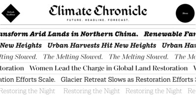 Climate Chronicle, a microsite with a rotating collection of tomorrow’s “future headlines,” written as if environmental progress has already been achieved. Set in Macklin™ Variable, a variable font superfamily chosen for its bold, expressive style and ability to deliver typographic variety with fewer files and lower digital impact. Climate Chronicle, a microsite with a rotating collection of tomorrow’s “future headlines,” written as if environmental progress has already been achieved. Set in Macklin™ Variable, a variable font superfamily chosen for its bold, expressive style and ability to deliver typographic variety with fewer files and lower digital impact.
