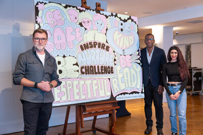 (Left to right) Matthew Ravenhill, EMEA Senior Director Sales and Customer Success Management, Blackbaud, David Benjamin, Chief Commercial Officer, Blackbaud, and Artist Harkiran Kalsi alongside the mural donated to Greenside Primary School. (Left to right) Matthew Ravenhill, EMEA Senior Director Sales and Customer Success Management, Blackbaud, David Benjamin, Chief Commercial Officer, Blackbaud, and Artist Harkiran Kalsi alongside the mural donated to Greenside Primary School.
