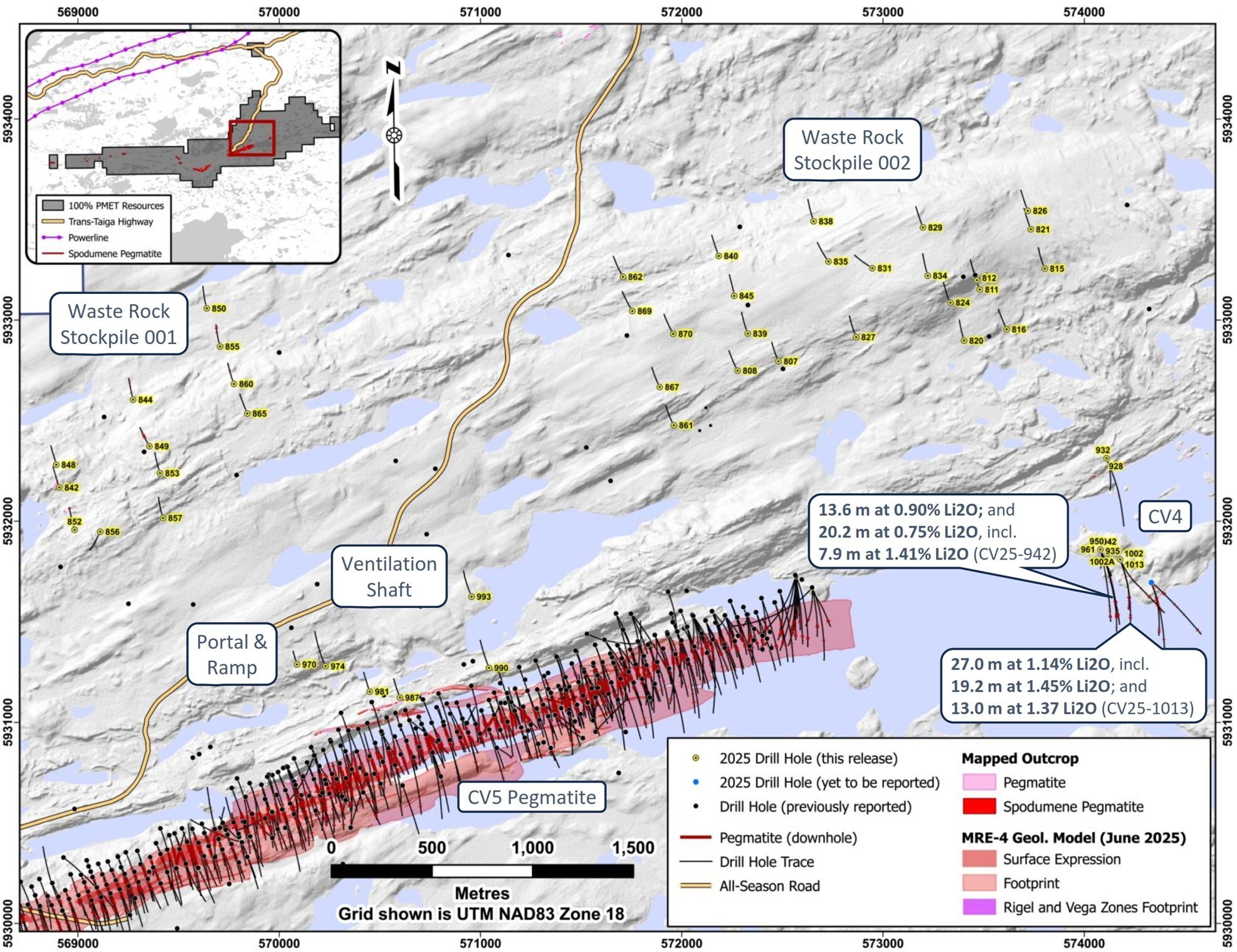 Figure 2: Drill holes completed through 2025 at the CV4 Pegmatite and north of the CV5 Pegmatite (condemnation holes). (CNW Group/PMET Resources Inc.)