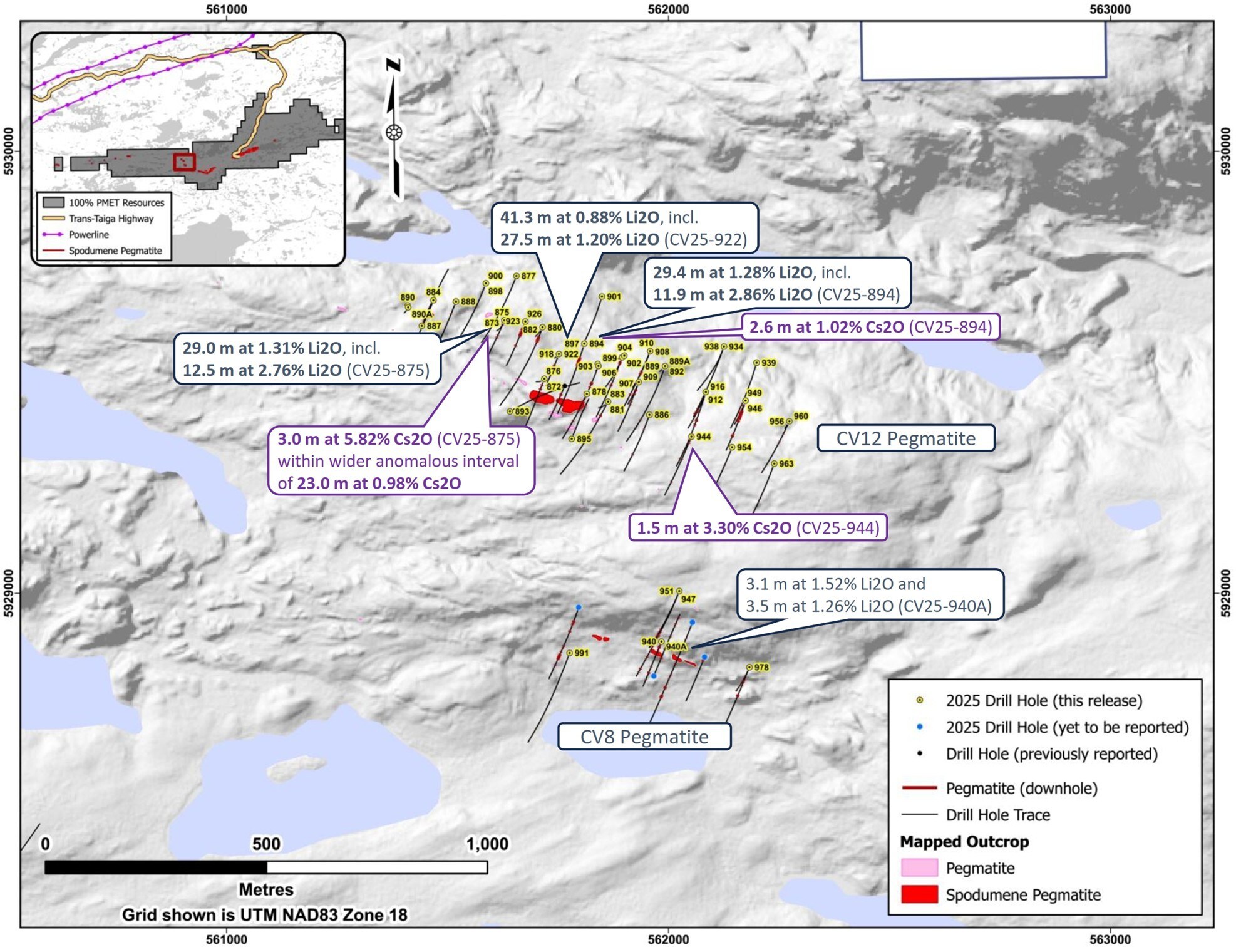 Figure 4: Drill holes completed through 2025 at the CV12 Pegmatite and CV8 Pegmatite. (CNW Group/PMET Resources Inc.)